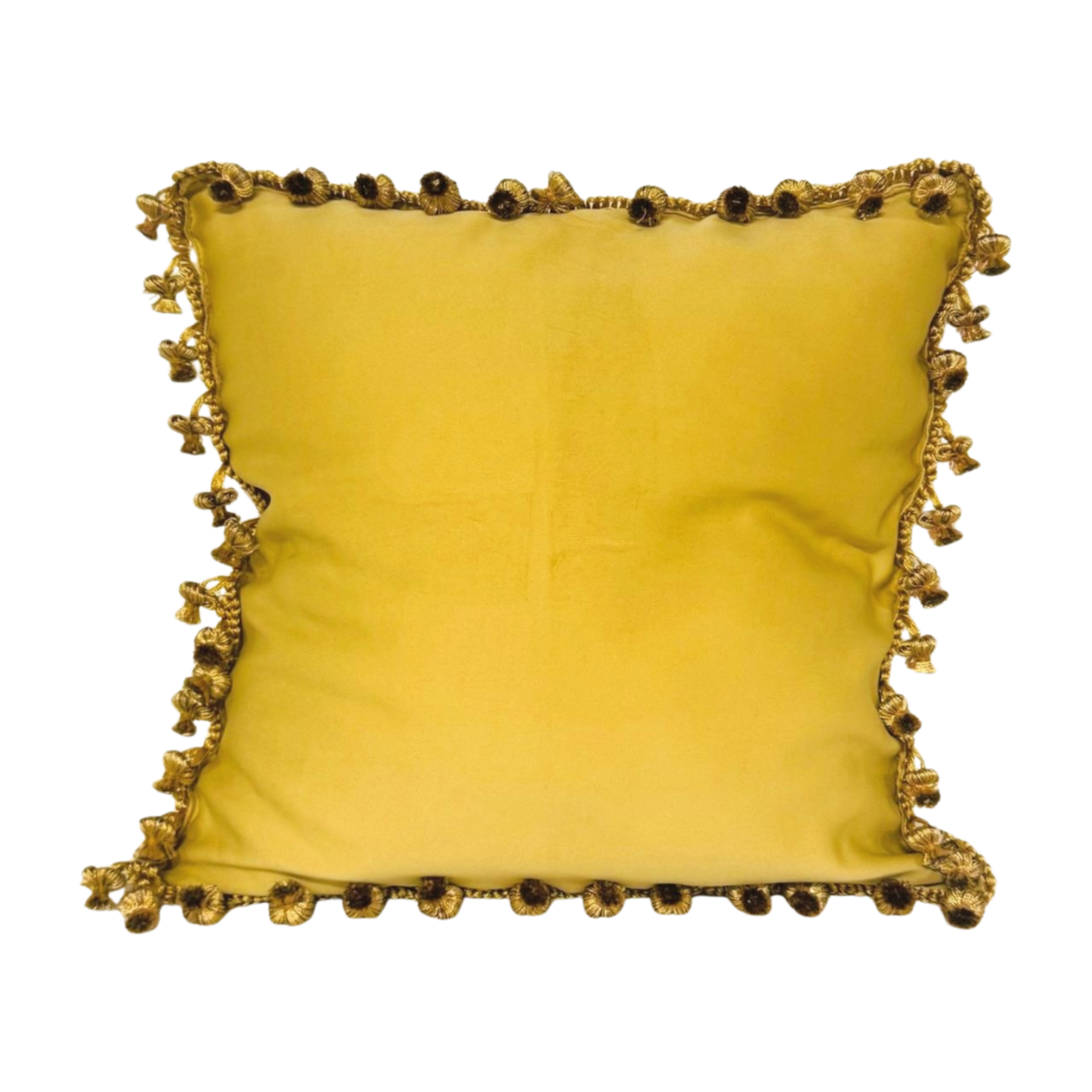 Decorative pillow with floral embroidery and gold tassels on a gold background. Holiday throw pillow