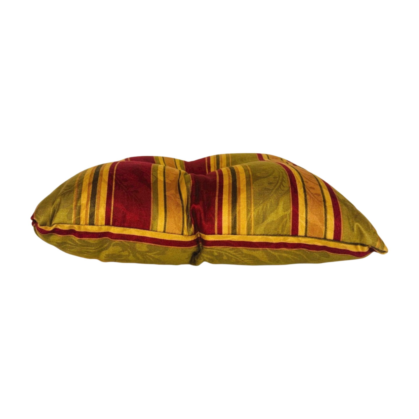 Striped fabric pillow with red and yellow colors on a white background