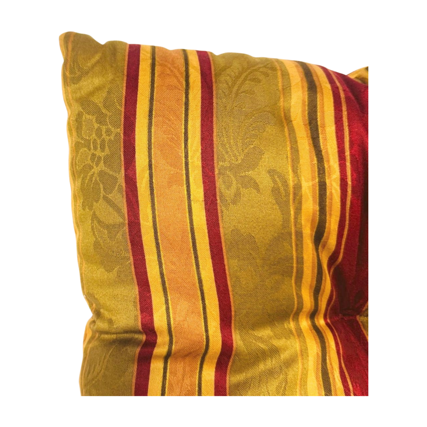 Decorative pillow with red and yellow stripes on a white background