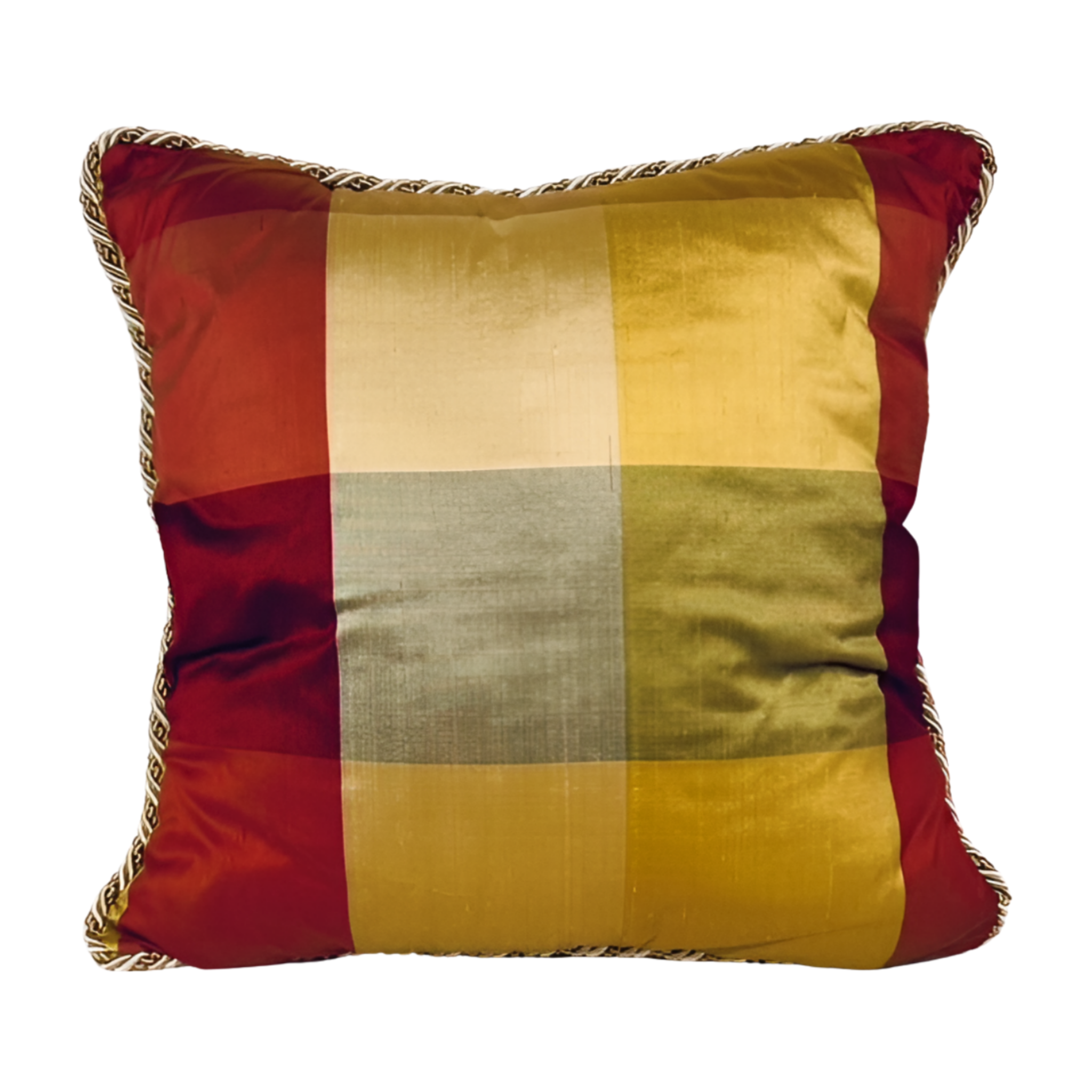 Our Golden Plaid Throw Pillow features a beautiful silk plaid with red, green and gold. It is finished with a solid gold backing and an elegant corded trim