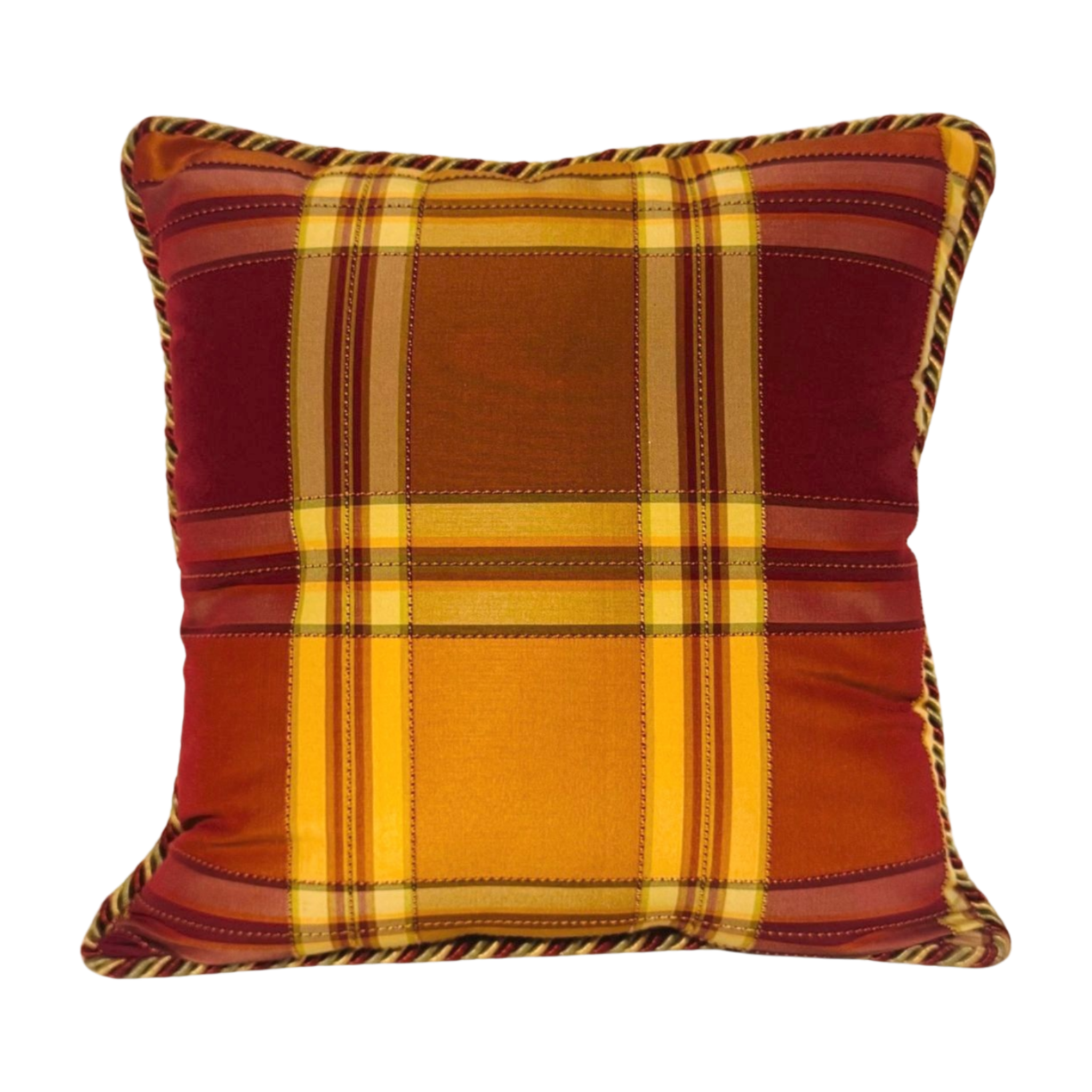 Our Golden Plaid Throw Pillow features a beautiful silk plaid with red, green and gold. It has the same fabric on the front and back and finished with an elegant corded trim.
