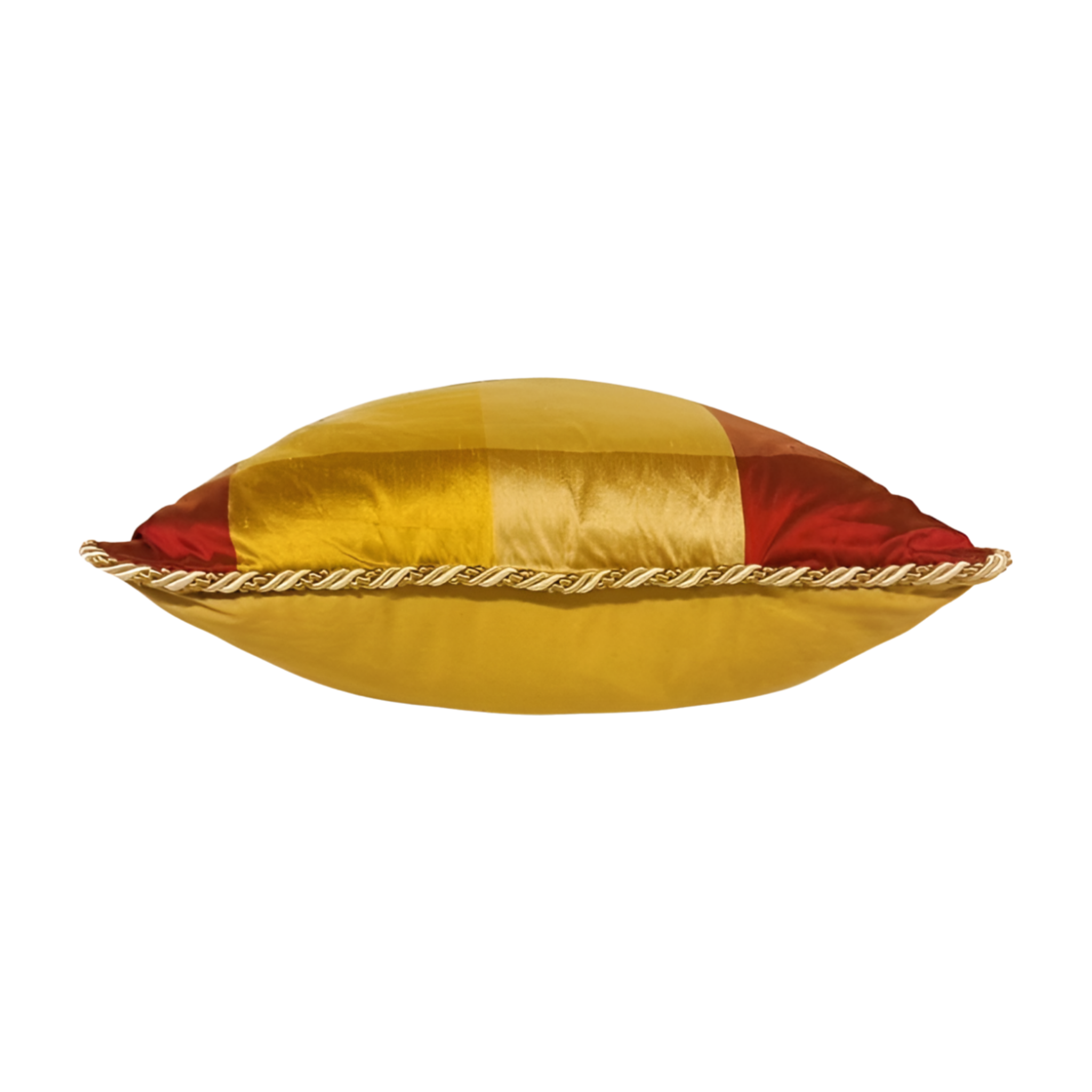 Our Golden Plaid Throw Pillow features a beautiful silk plaid with red, green and gold. It is finished with a solid gold backing and an elegant corded trim
