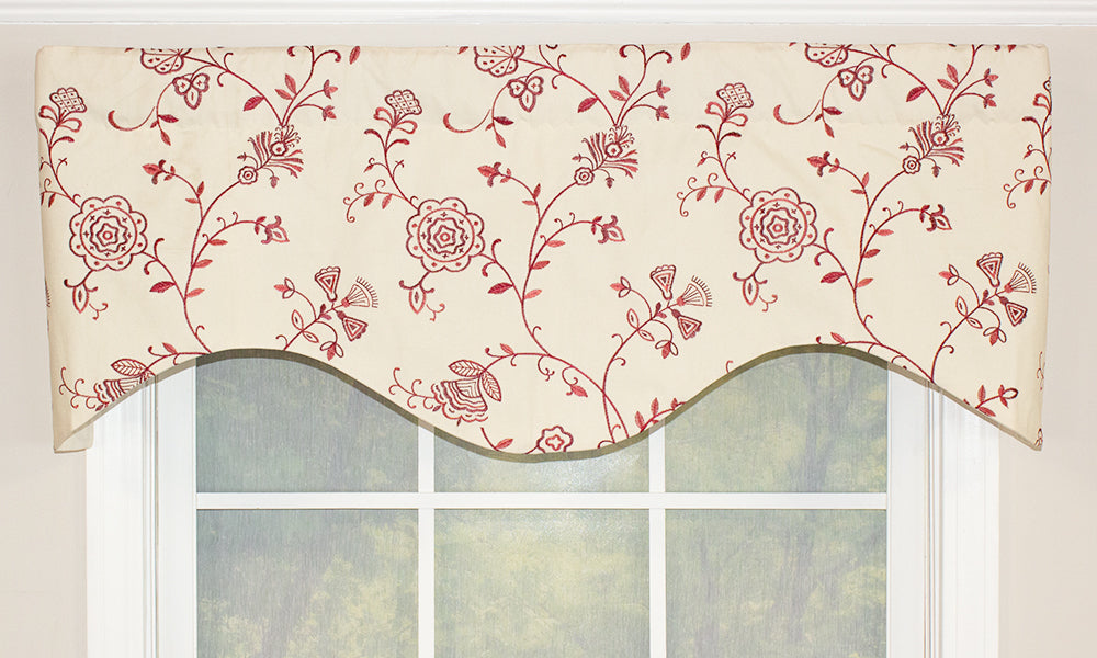 Our Elvie Cornice Valance features a contemporary floral pattern. This valance features a red floral embroidery on an off-white background. This window valance will elevate any room!
