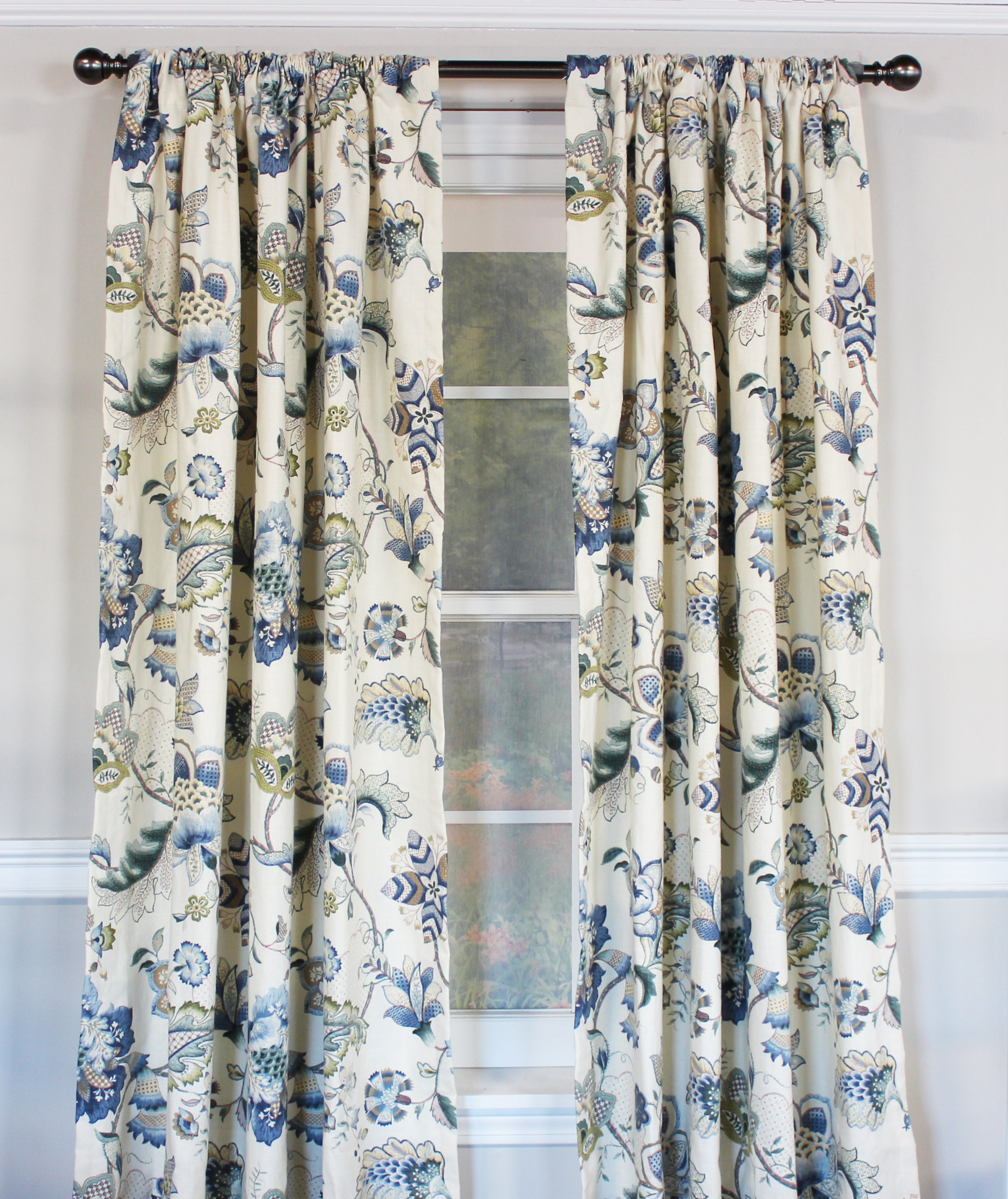 These panels are apart of our British Floral Collection. It is one of our best selling patterns that comes in either Blue or Rose. Pair these panels alone or with any of our British Floral Window Treatments. 