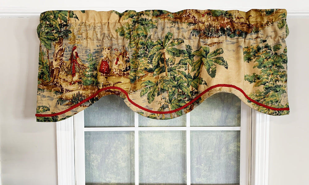 Our Bosphorus Cornice Valance features a beautiful toile pattern that comes in two colors, red or spa. The valance features a beautiful coordinating gimp trim. It is perfect addition to any room!