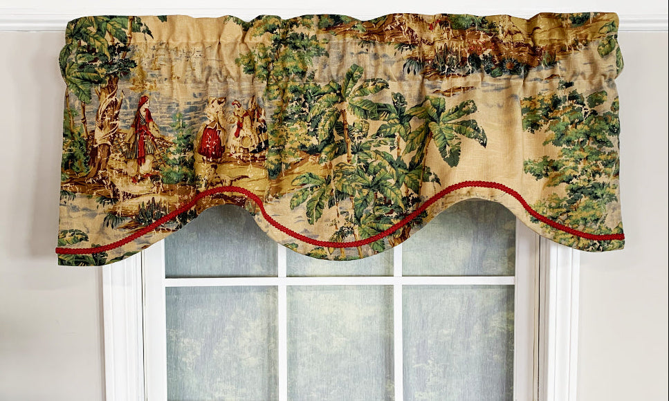 Our Bosphorus Cornice Valance features a beautiful toile pattern that comes in two colors, red or spa. The valance features a beautiful coordinating gimp trim. It is perfect addition to any room!