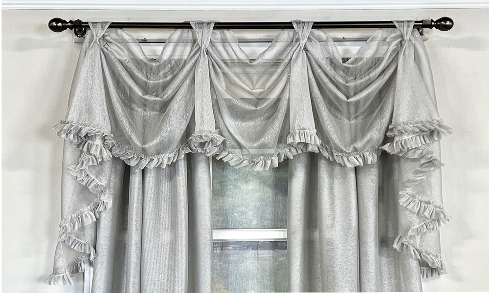 Ruffled grey victory swag valance, Victory swag valance for sale, Shabby Chic ruffled swag valance