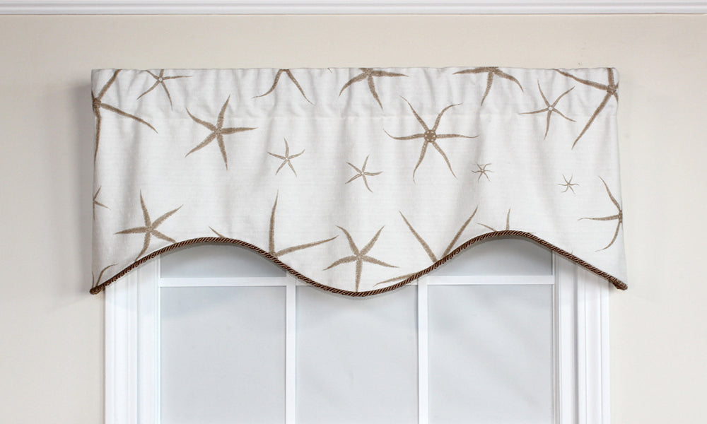 Tan sea stars printed on a white background, starfish window valance, nautical designer window treatment