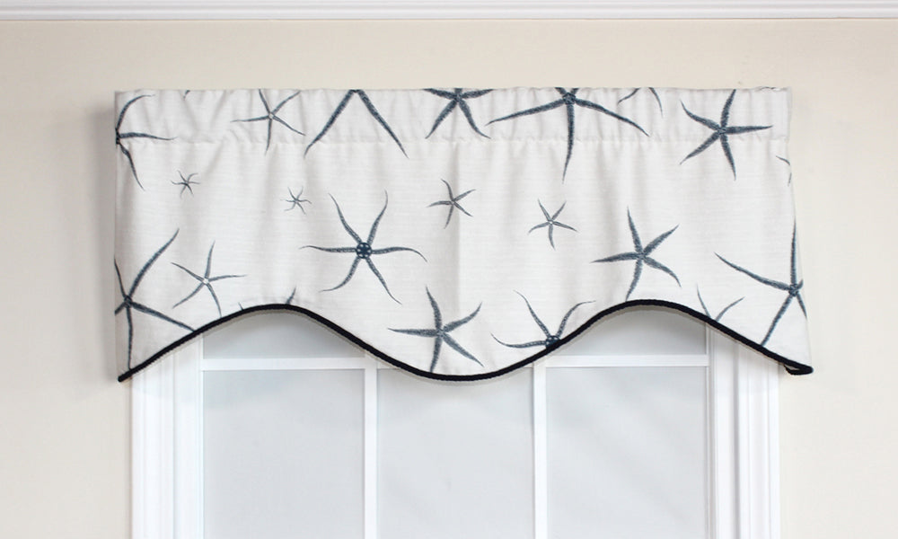 blue sea stars printed on a white background, starfish window valance, nautical designer window treatment