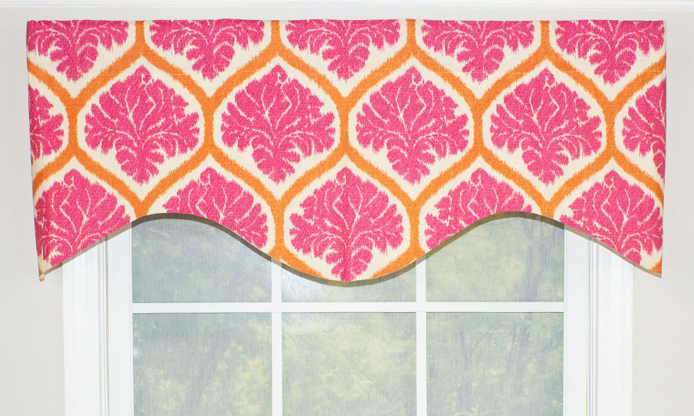 Our Flaming Fuschia Cornice Valance is a beautiful and vibrant window treatment. This window treatment features a medallion pattern in pink, orange and off-white. This valance construction ensures lasting durability. 