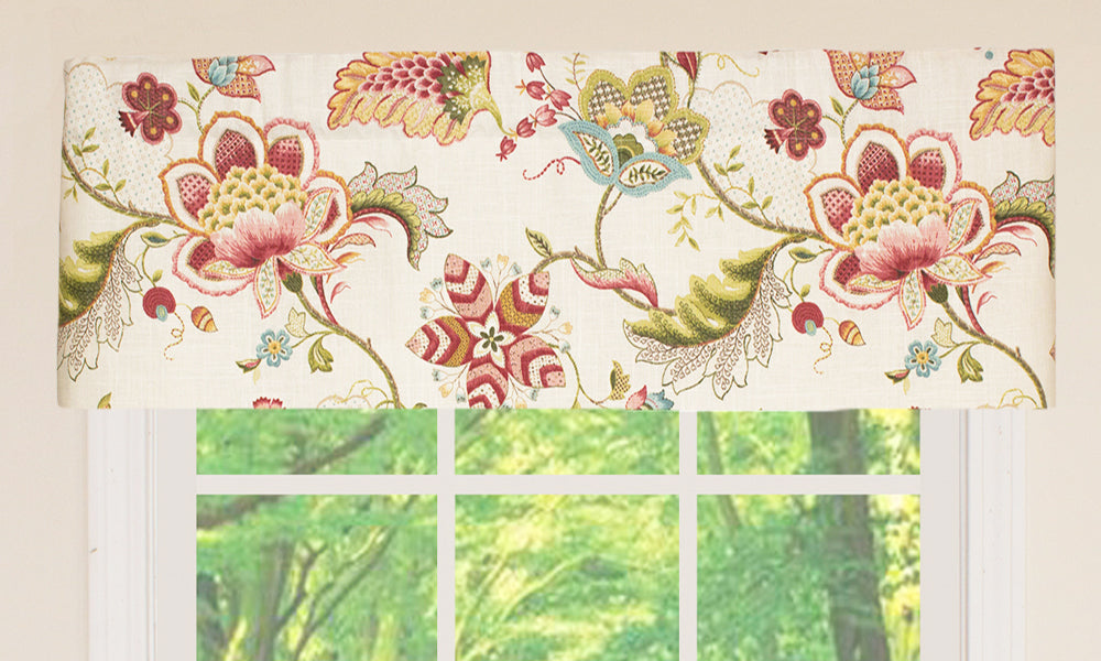 Our British Floral Straight Valance embraces detailed Jacobean floral print in eye-catching blue or rose colors. The versatility of this tailored style will enhance your sophisticated decor. For a layered effect at the window add a pair of matching British Floral Rod Pocket Panels beneath. 