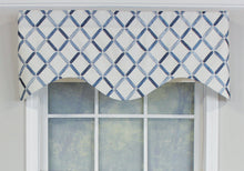 Load image into Gallery viewer, Our Granville Cornice Valance is part of our newest collection! We love our Granville Cornice Valance for its beautiful geometric embroidery pattern on a neutral background. This valance comes in either a silver metallic or marine blue embroidery makes this valance really pop! It fits a window up to 48&quot;wide when flat, gather for smaller windows or add multiples for larger windows! 