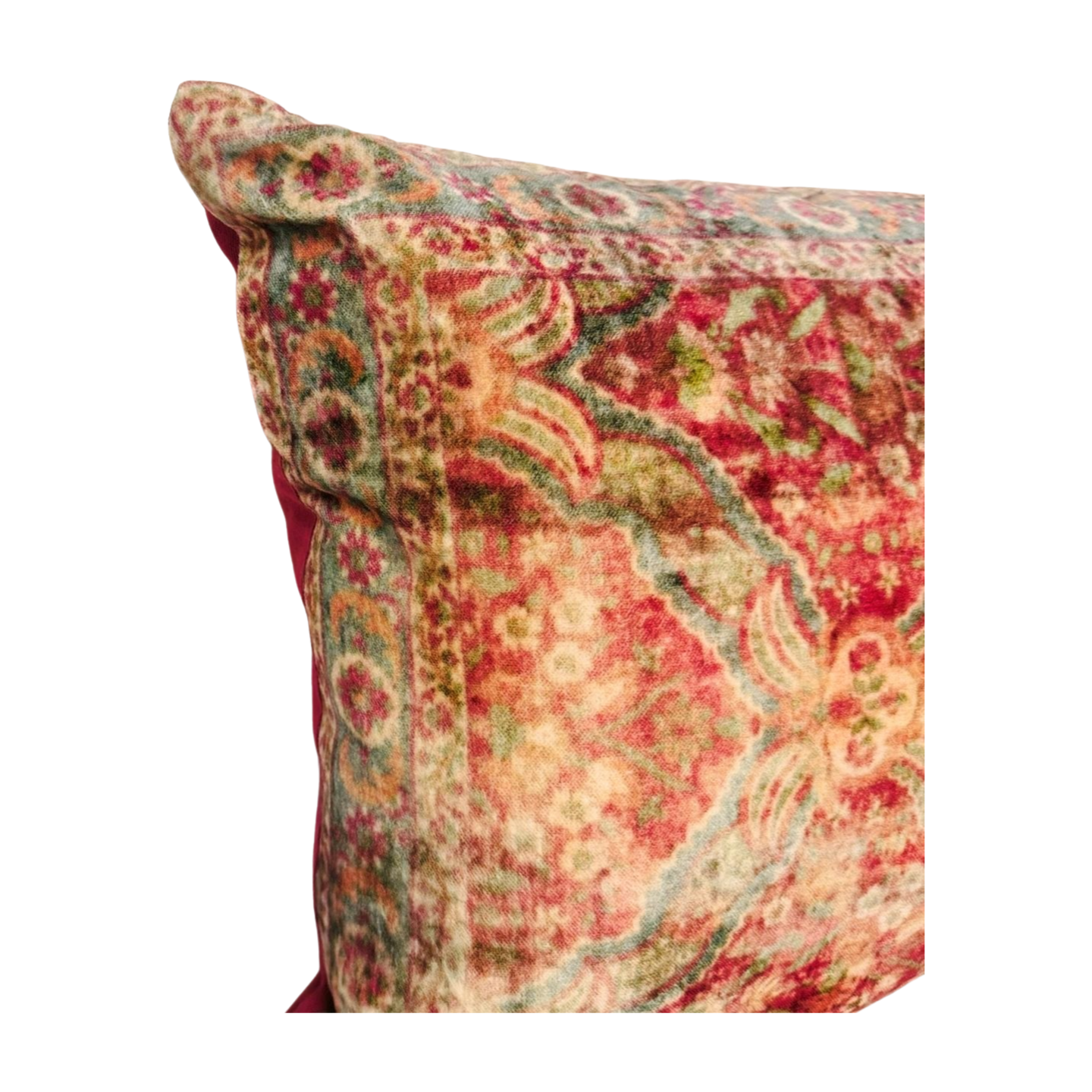 Our Velvet Paisley Pillow Cover includes an insert. It features a beautiful velvet paisley with red, green and gold. It is finished with a red linen background. We love this elegant take on a holiday pillow.