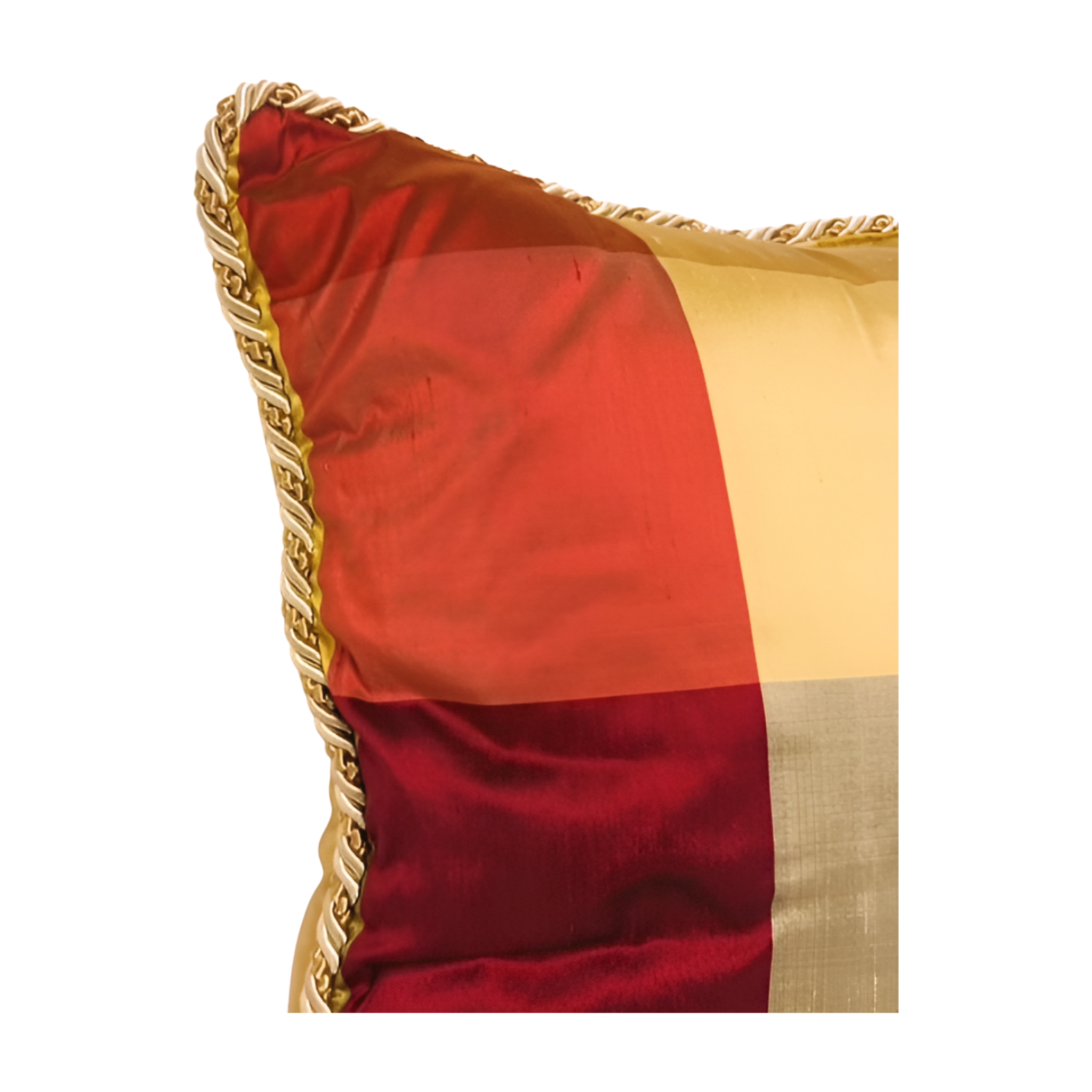 Our Golden Plaid Throw Pillow features a beautiful silk plaid with red, green and gold. It is finished with a solid gold backing and an elegant corded trim
