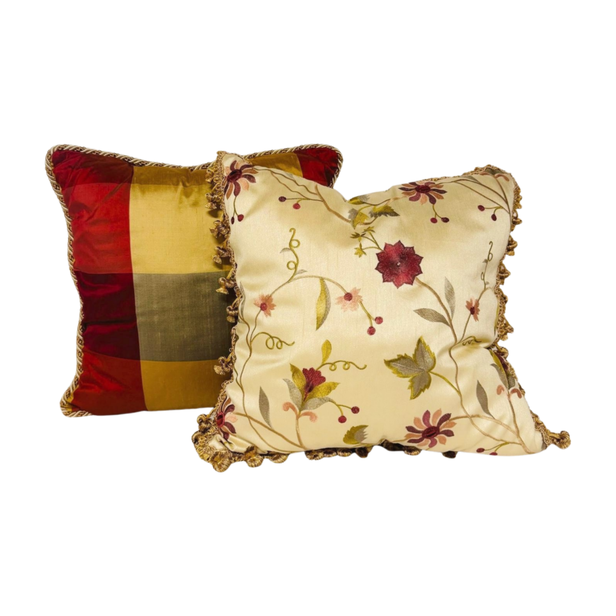 Our Golden Plaid Throw Pillow features a beautiful silk plaid with red, green and gold. It is finished with a solid gold backing and an elegant corded trim