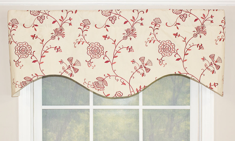 Our Elvie Cornice Valance features a contemporary floral pattern. This valance features a red floral embroidery on an off-white background. This window valance will elevate any room! 