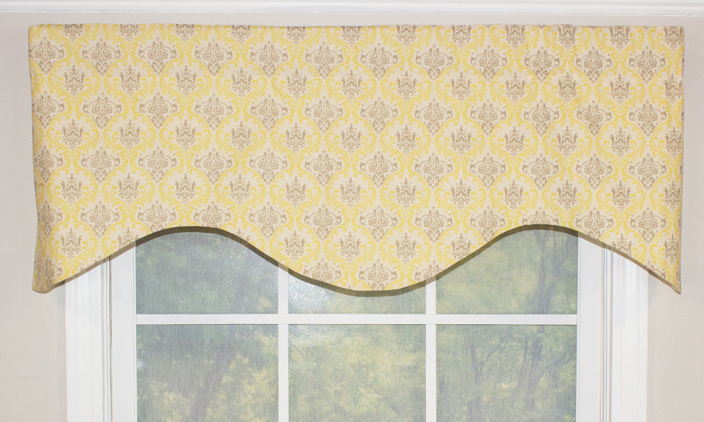 Our Heart Trellis Cornice Valance is a beautiful and playful valance. This tailored valance features a medallion pattern in yellow and light purple. 