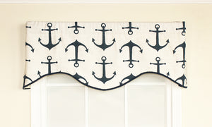 Our Castaway Cornice Valance features anchors in navy on a crisp white background. It is finished with a coordinating navy trim. This maritime-themed window treatment is perfect addition to add to your nautical decor! 