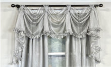 Load image into Gallery viewer, Ruffled grey victory swag valance, Victory swag valance for sale, Shabby Chic ruffled swag valance