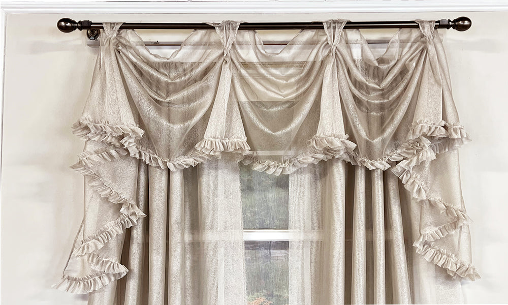 Ruffled taupe victory swag valance, Victory swag valance for sale, Shabby Chic ruffled swag valance