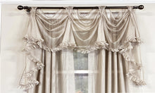 Load image into Gallery viewer, Ruffled taupe victory swag valance, Victory swag valance for sale, Shabby Chic ruffled swag valance