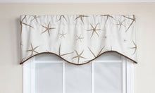 Load image into Gallery viewer, Tan sea stars printed on a white background, starfish window valance, nautical designer window treatment 