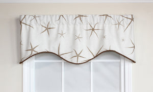 Tan sea stars printed on a white background, starfish window valance, nautical designer window treatment 