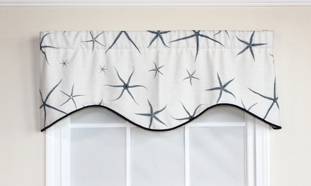 blue sea stars printed on a white background, starfish window valance, nautical designer window treatment 