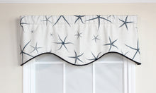Load image into Gallery viewer, blue sea stars printed on a white background, starfish window valance, nautical designer window treatment 