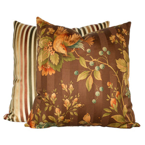 brown floral pillow, reversible stripe pillow, throw pillow,