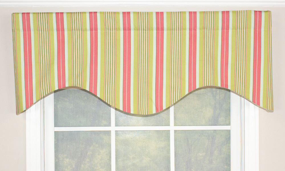 Our Helen Stripe Cornice Valance is a tailored shaped valance. It features a lovely wide pink strip on a green and pink small stripe background.   This window valance only comes in 50". This style is an RLF Home original design and made in Hartford, CT. 