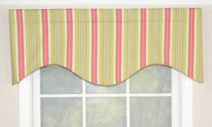 Our Helen Stripe Cornice Valance is a tailored shaped valance. It features a lovely wide pink strip on a green and pink small stripe background.   This window valance only comes in 50". This style is an RLF Home original design and made in Hartford, CT. 