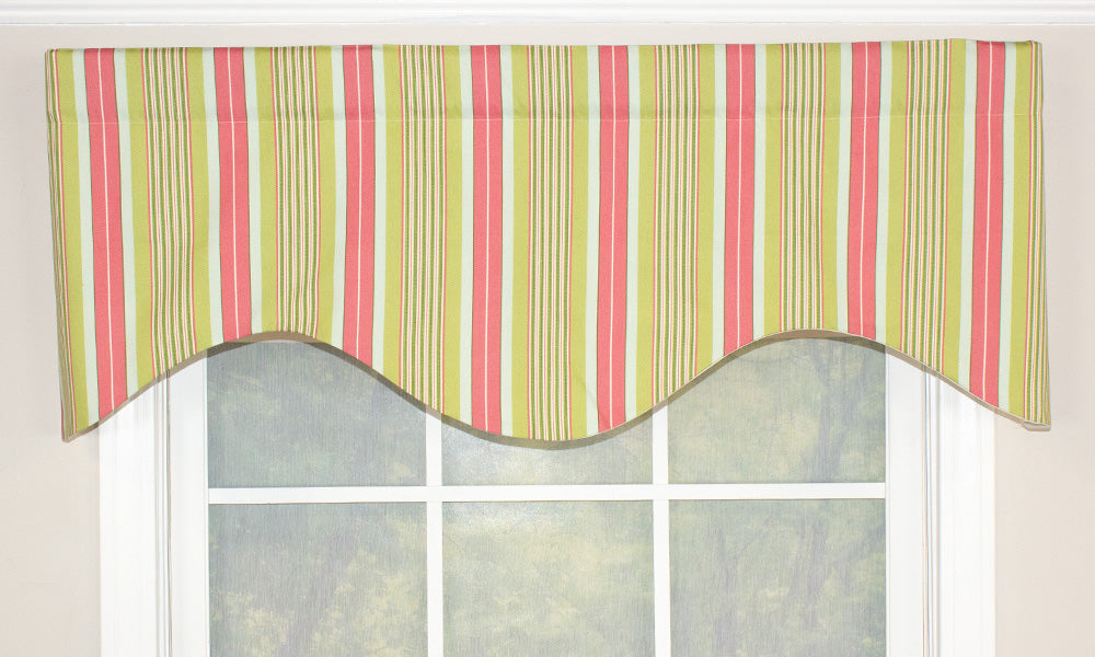 Our Helen Stripe Cornice Valance is a tailored shaped valance. It features a lovely wide pink strip on a green and pink small stripe background.   This window valance only comes in 50