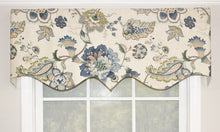 Load image into Gallery viewer, Our British Floral Regal Valance with its unique scalloped styling embraces a detailed Jacobean floral print in eye-catching colors. For a layered effect at the window add a pair of matching British Floral Rod Pocket Panels beneath. Choose from blue or rose to complement your décor. Simply sublime!