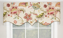 Load image into Gallery viewer, Our British Floral Regal Valance with its unique scalloped styling embraces a detailed Jacobean floral print in eye-catching colors. For a layered effect at the window add a pair of matching British Floral Rod Pocket Panels beneath. Choose from blue or rose to complement your décor. Simply sublime!