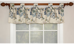 Our British Floral Tab Top Valance embraces a detailed Jacobean floral print in eye-catching colors. Choose from blue or rose to complement your décor. For a layered effect at the window add a pair of matching British Floral Rod Pocket Panels beneath.