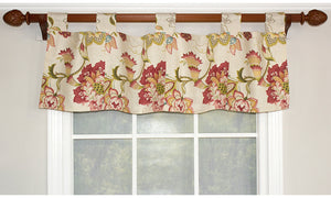 Our British Floral Tab Top Valance embraces a detailed Jacobean floral print in eye-catching colors. Choose from blue or rose to complement your décor. For a layered effect at the window add a pair of matching British Floral Rod Pocket Panels beneath.