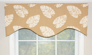 leafy damask valance, damask cornice valance, tailored window treatment, tropical window treatment, designer window treatment
